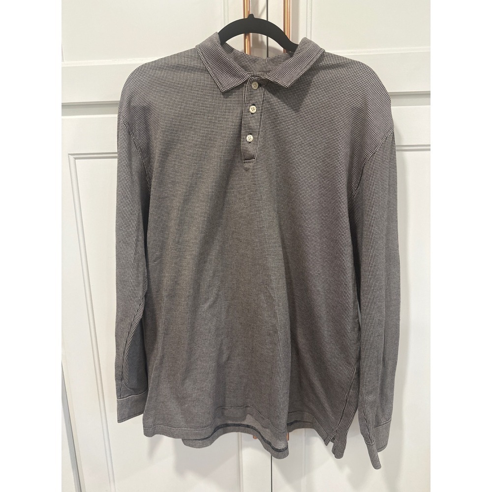 Austin Reed London Mens XL Long Sleeve Polo Shirt Brown Grid Pattern 100% Cotton